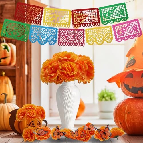 Day of the Dead Decorations Set - Orange 71 Pcs with Marigolds, Banners & Butterflies