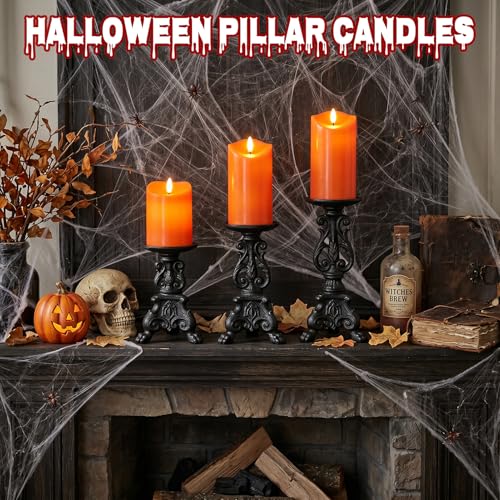 3 Pack Orange Flameless Battery Operated Pillar Candles with Remote Timer