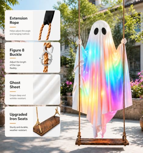 Large Outdoor Hanging Ghost Decoration - 5.5Ft Swing Ghost with Rainbow Lights
