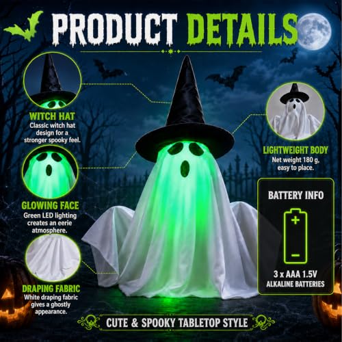 Animated Halloween Ghost Decoration with Sound & Green Face Glow - Interactive Spooky Decor