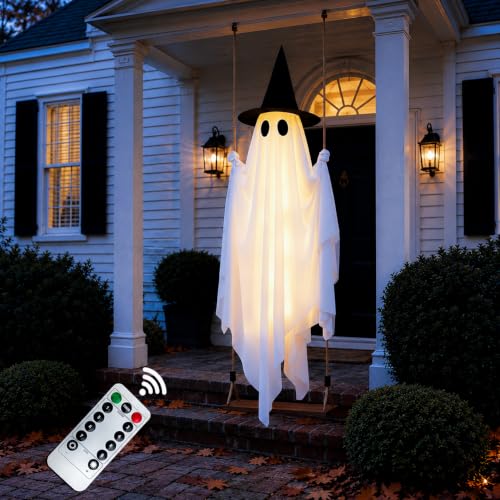 Large Outdoor Hanging Swing Ghost Halloween Decor - 5.3FT Light-Up Ghost