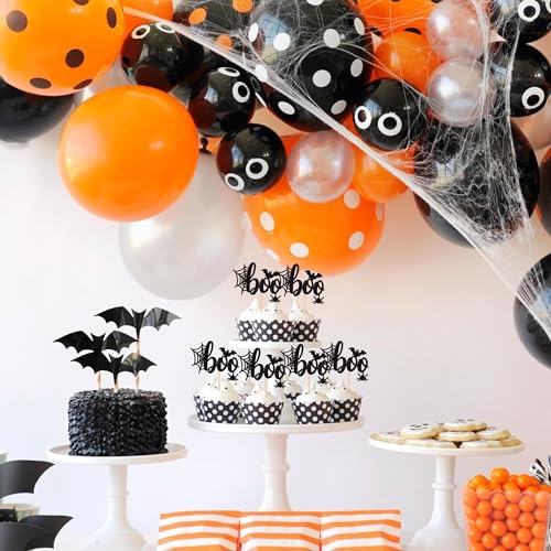 Halloween Boo Cupcake Toppers Glitter Spider Web Bat Set - Pattern A4, 24 pcs