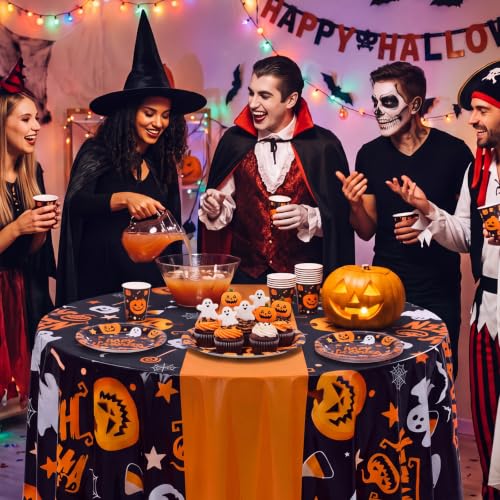 Halloween Tablecloths 6 Pack Orange Pumpkin 84-Inch Round Plastic Cover - Pumpkin / Orange / 6