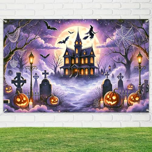 Halloween Backdrop Haunted House Witch Banner 71x43 Inch - Halloween Decor Variation 7