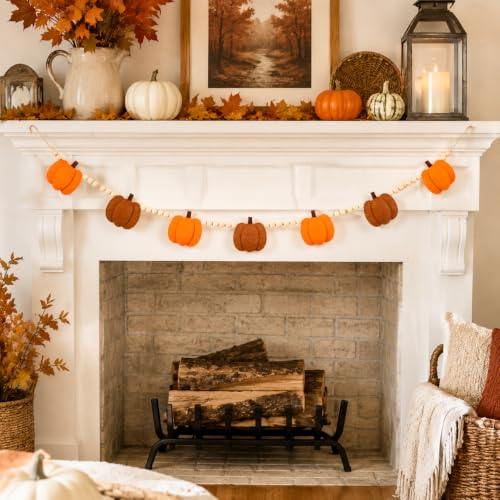 Fall Felt Pumpkin Bead Garland with Wooden Beads for Home Decor - Rustic Autumn Decoration