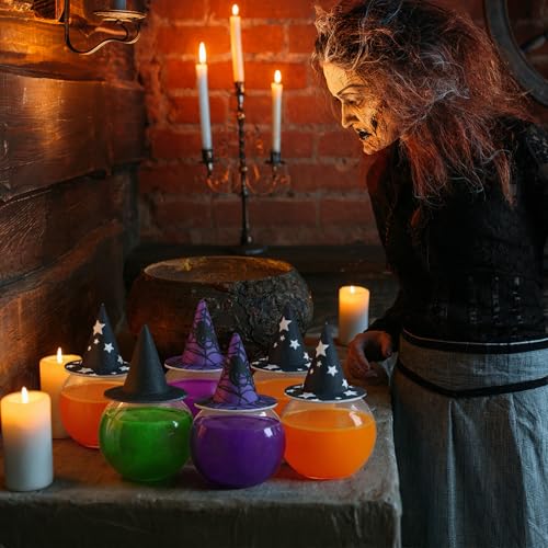 Halloween Potion Bottles Set with Wizard Hats - 24 Spherical Plastic 200ml Decorations
