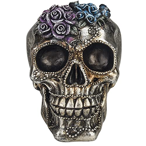 Small Silver Skull Statue with Roses & Beads - Halloween Day of The Dead Decor