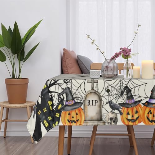 Halloween Tablecloth 60×84 Inch Rectangular Witch Spiderweb Pumpkin Fest Water-Resistant Fabric