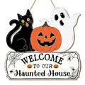 Halloween Door Hanging Sign - Welcome Ghost, Black Cat, Pumpkin Wood Decor for Haunted House & Party