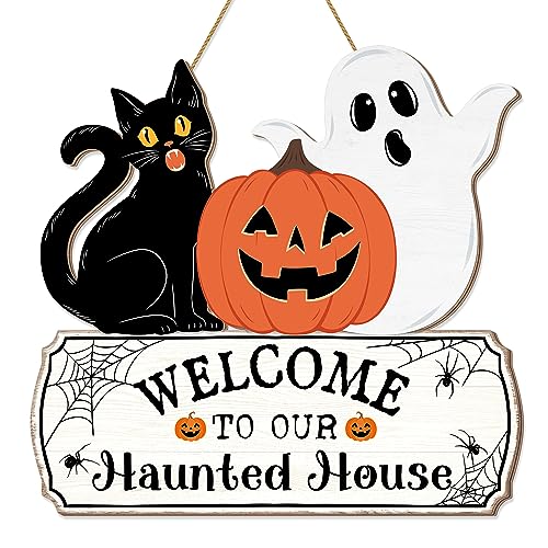 Halloween Door Hanging Sign - Welcome Ghost, Black Cat, Pumpkin Wood Decor for Haunted House & Party
