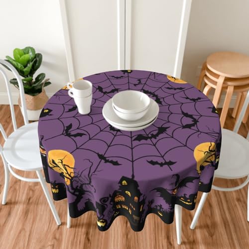 Giwawa Halloween Round Tablecloth 60 Inch - Spooky Pumpkin Cat Bat Web Design, Purple Variant