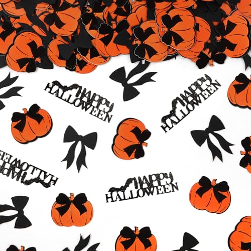 Halloween Confetti - 200Pcs Black Bows Pumpkin & Happy Halloween Decorations