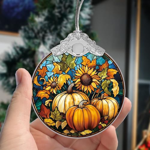 Pumpkin Sunflower Stained Glass Style Christmas Ornament - Fall Harvest Decoration - Indoor Outdoor Holiday Decor - 3.1 x 3.5 Inches