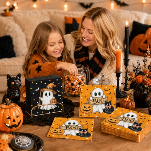 80 Pack Halloween Paper Napkins Ghost Pumpkin Cat Disposable Tableware