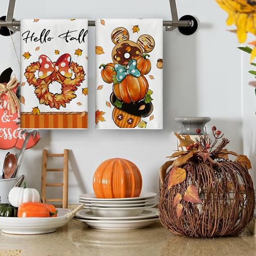 Fall Kitchen Towels Set - 4 Decorative Pumpkin Autumn Dish Towels 26x18 Inches