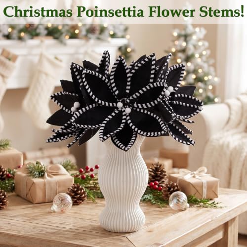 Artificial Christmas Poinsettia Flowers Set - Black & White, 12 Pack