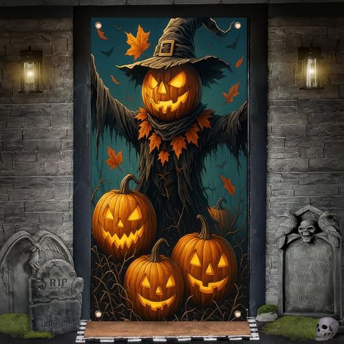 Halloween Pumpkin Scarecrow Door Cover - 35x71 Inch Polyester, Pumpkin Scarecrow Variation
