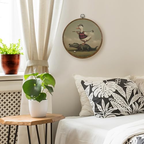 Whimsical Golf Duck Wall Art Decor - Round Canvas Frame for Boys & Kids Rooms
