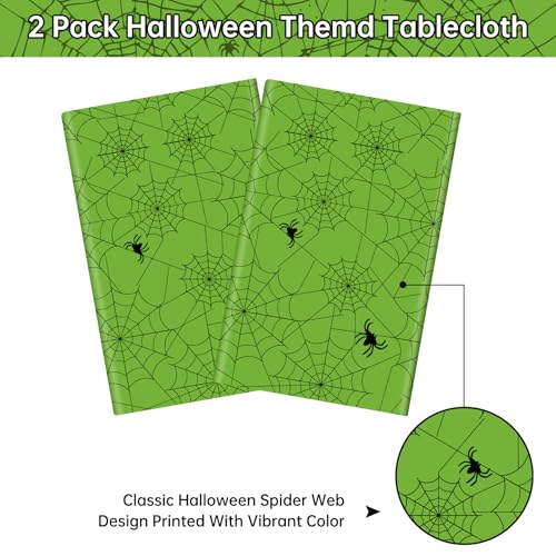 Green Halloween Spider Web Tablecloths - 2 Pack, Plastic Rectangular Table Cover for Party Decor