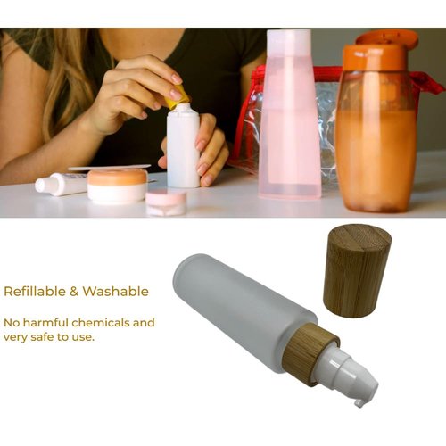BEECO GIF2U Empty Cosmetic Bottles 2oz/60ml 2 Pack with Bamboo Cap,Frosted Glass Lotion Pump DispenserRefillable Emulsion Cosmetic Cream Bottles, Toiletries Refill Travel Containers(Frost Clear)