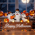 Halloween Ghost Table Decoration with LED Lights - Wooden Indoor Decor