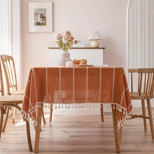 120x55 Inch Burnt Orange Linen Tablecloth with Tassel Edges for Dining & Holiday