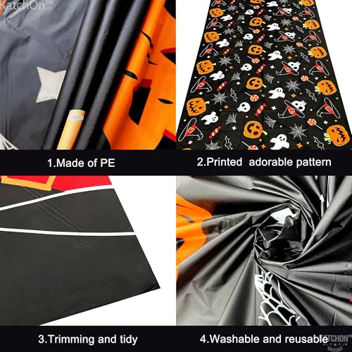 Halloween Tablecloths Pack of 3 - Black & Orange Spooky Design 54x108 Inches