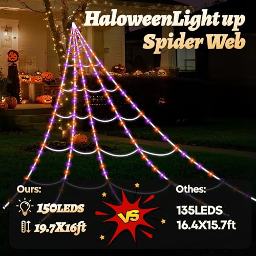 Giant 16ft LED Spider Web Halloween Outdoor Decoration - Waterproof, 8 Modes