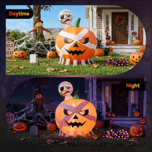 Halloween Inflatable Mummy & Pumpkin Duo with LEDs - 4FT Outdoor Yard Decor - Horror Pumpkin Variation