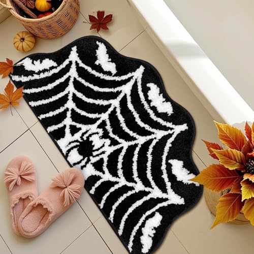 Halloween Spider Web Bath Mat - Gothic Bathroom Rug with Non-Slip Back - Spider Bath Variation