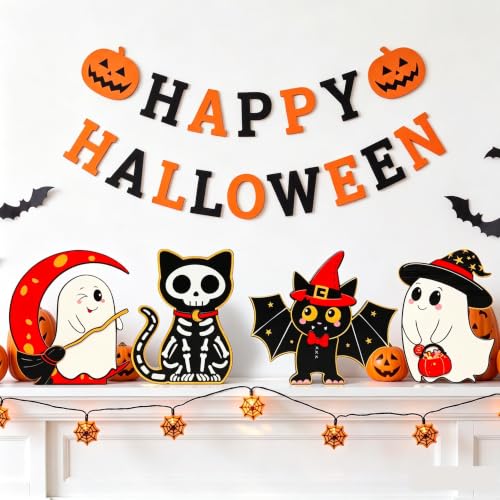 Halloween Wooden Decor Set - Indoor Fall & Spooky Home Decorations for Mantle & Tabletop