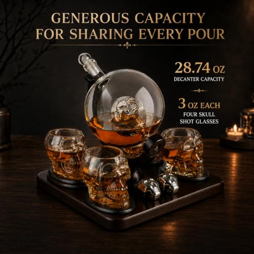 Skull Skeleton Whiskey Decanter Set with 4 Shot Glasses & Chillers - Gothic Barware Gift