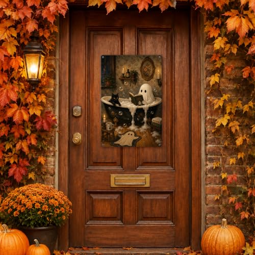 Halloween Ghost Bathroom Metal Sign Spooky Cat Bathtub Wall Decor 12x8 Inches