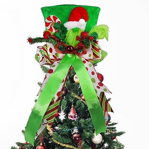 Large Green Velvet Christmas Tree Topper Hat with Lengthened Bowknot - Holiday Decor