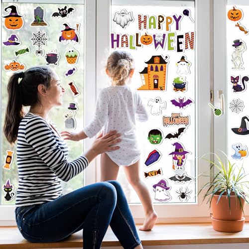 Pumpkin Halloween Gel Window Clings - 53 PC Spooky & Cute Decorations