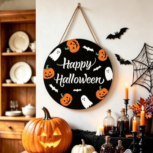 Halloween Door Wreath Indoor Decorations for Front Door - Cute Ghost Pumpkins Bats