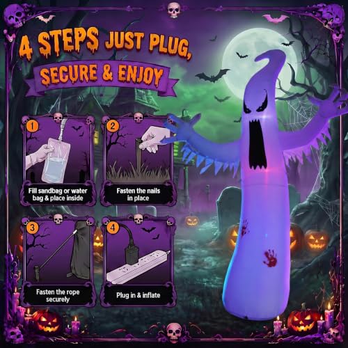 Giant 12FT Inflatable Ghost Halloween Decoration with 4-Color LED Lights, Water Bags & Stakes