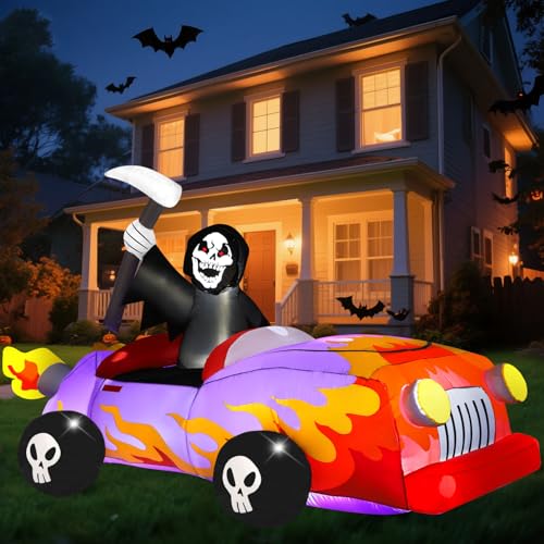 8ft Halloween Inflatable Grim Reaper Driving Car Outdoor Decoration with LED Lights