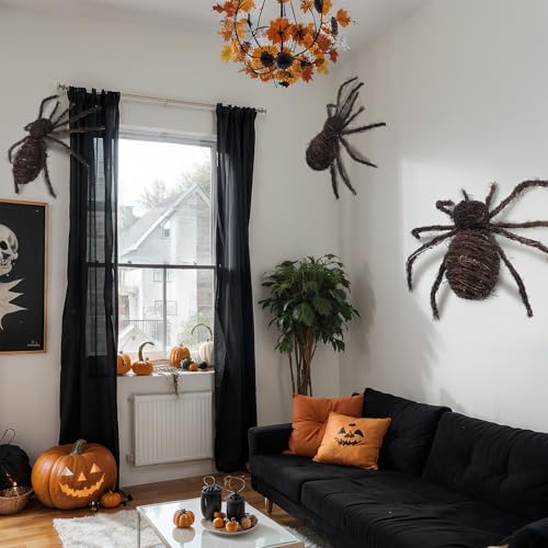 Large Halloween Rattan Spider Decorations Set - Natural Wicker, 3 Pack