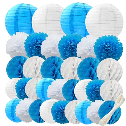 Blue and White Paper Lantern & Decoration Set for Weddings Parties and Events - 34 pcs