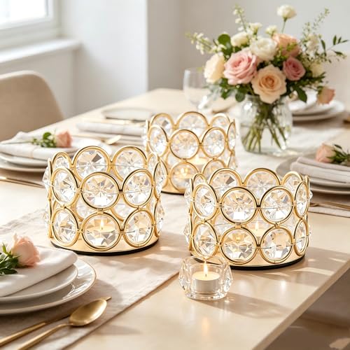 Gold Crystal Tea Light Candle Holders Pack of 12 for Wedding & Event Decor - Handmade K9 Crystal Beads - Elegant Home & Party Centerpiece - Gold / 12