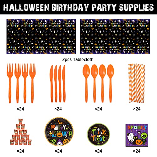Halloween Party Supplies Tableware Set for 24 Guests - Disposable Plates Napkins Cups & More