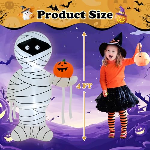 4FT Inflatable Mummy Halloween Decoration with LED Lights & Pumpkin - Outdoor Indoor Decor