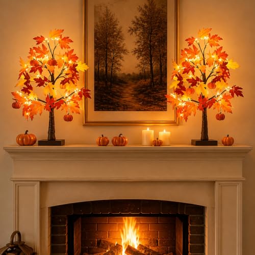 Fall Lighted Maple Tree Set - 2 Pack 24 Inch Autumn Decor with Pumpkins, Indoor Outdoor