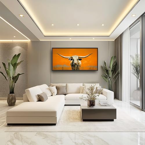 Western Longhorn Steer Wall Art - Framed Canvas Painting for Living Room & Bedroom - 60L x 30W