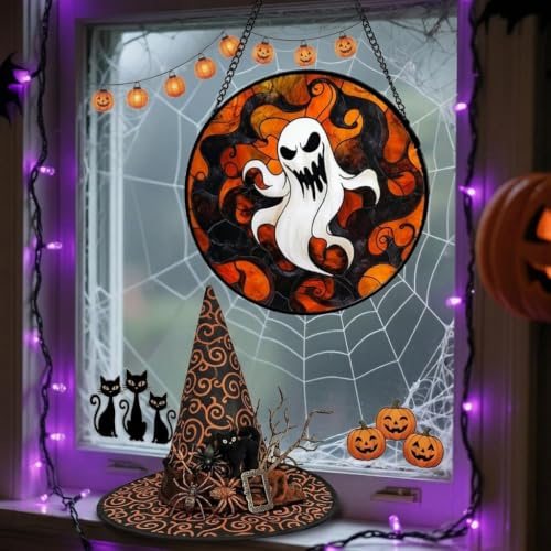 Halloween Pumpkin Vine Ghost Stained Glass Window Hanging - Small 6.3x6.3in