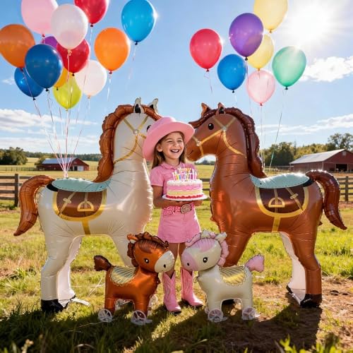 Giant 53-Inch Life-Size Horse Foil Balloon for Western Party Decoration - Pearl White & Brown