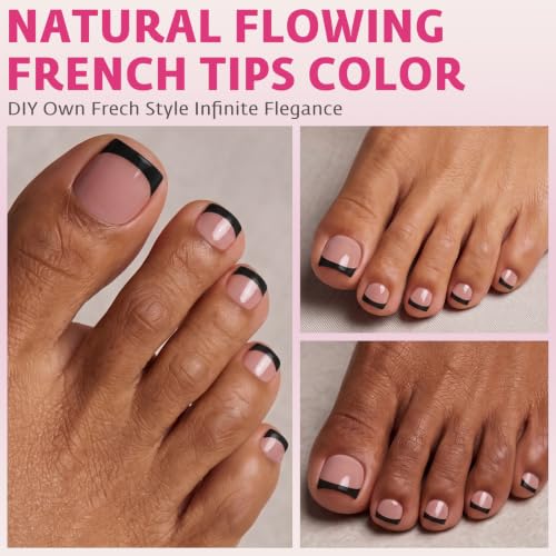 Press On Toe Nail Tips Square Black French in Nude Base - 150Pcs