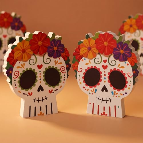Day of The Dead Sugar Skull Table Decorations with Flower - 2 Pcs Mexican Festive Decor