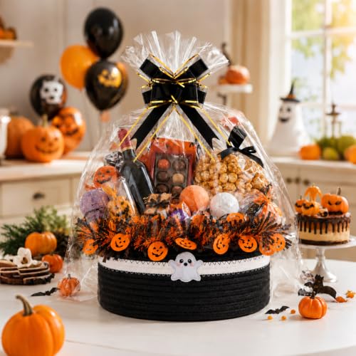 Halloween Boo Basket Set with Ribbons & Transparent Bag - Black & White